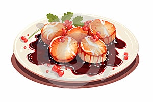 seared scallops with sauce and petals on plate isolated vector style illustration