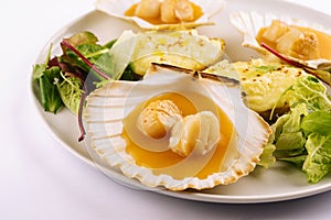 Seared scallops shell with butter on plate