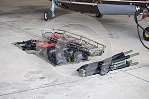 Searh and rescue equipment arrange on ground before mission with
