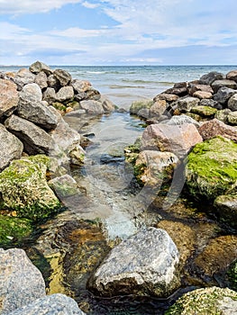 Seascape background with rocks in the summer season