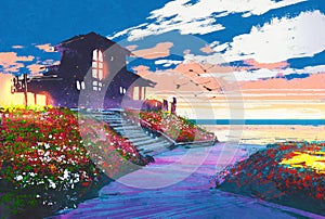 Seascape with beach house and colorful flowers at background