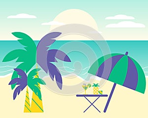 Seascape, beach umbrella, cocktail, pineapple on the background of the sea with palm trees. Clip art, poster