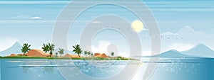 Seascape blue ocean, coconut palm tree on island in sunny day spring,Backdrop Sea beach landscape with sky and cloud in morning,