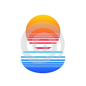 Seascape, blue sea and sun, isolated sunset gradient, illustration of sun and sea in retro 80s and 90s style - vector