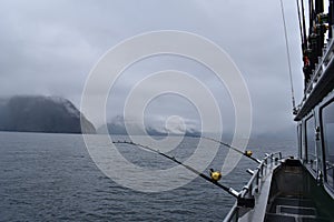 Seascape from boat and fishing charters on a foggy day photo