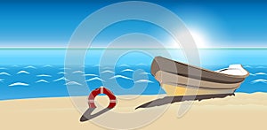 Seascape boat sandy beach vector icon isolated