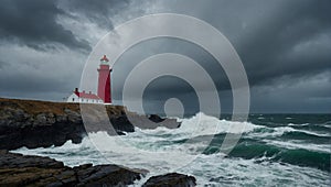 Moody seascape with a lighthouse standing tall. Strong waves crash against the rocky coastline photo