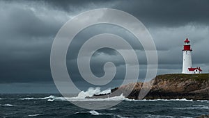 Moody seascape with a lighthouse standing tall. Strong waves crash against the rocky coastline photo