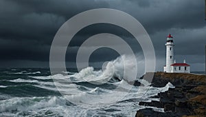 Moody seascape with a lighthouse standing tall. Strong waves crash against the rocky coastline photo