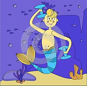 Seascape. Cartoon mermaid guy playing sports underwater. A man with a tail, dumbbells. Bubbles, fish, rocks and algae.