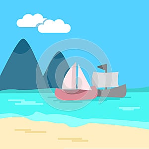 Seascape. Colored background - sea, sandy shore, mountains, ships. Vector