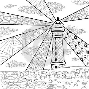 Seascape coloring book for adult, anti stress coloring vector
