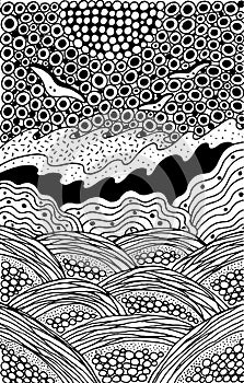 Seascape coloring page for adults. Psychedelic doodle line art. Seagulls in the sky. Ocean waves. Vector illustration