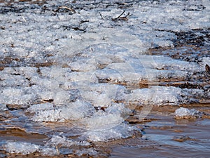 Seascape depicting landscape of Baltic sea and beach with yellow sand an frozen icce blocks in sand and blue sky in winter