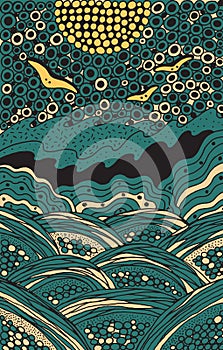 Seascape doodle illustration. Trippy colorful landscape artwork. Psychedelic doodle line art. Seagulls in the sky. Ocean waves.