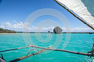 Seascape of famous Upi bay, new caledonia from a typical caledonia boat