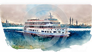 Seascape with ferry in ?stanbul. Watercolor illustration . ?solated on white background, generative Ai