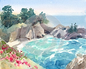 Seascape with Flowers and Waterfall Watercolor Nature Illustration Hand Painted