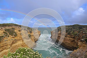 Seascape, Great Ocean Road seacoast landscape in Australia, rainbow, rocks and waves, tourist spot beautiful nature