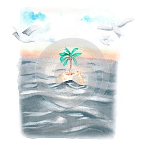 Seascape of the island with a palm tree. Watercolor illustration. Isolated on a white background.