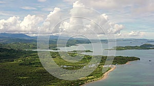 Seascape with islands in the early morning, aerial drone . Caramoan Islands, Philippines.