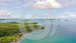 Seascape with islands in the early morning, aerial drone . Caramoan Islands, Philippines.