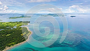 Seascape with islands in the early morning, aerial drone . Caramoan Islands, Philippines