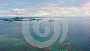 Seascape with islands in the early morning, aerial view. Caramoan Islands, Philippines.