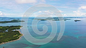 Seascape with islands in the early morning, aerial view. Caramoan Islands, Philippines.