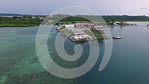 Seascape of Koror island in Palau. Palau Aquarium and Landmark Marina Hotel II