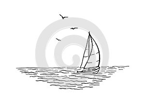 Seascape. Landscape, sea, sailboat, seagulls. Hand drawn illustration converted to vector