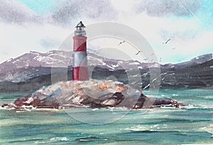 Seascape Les Eclaireurs Lighthouse with Cormorants, Sea Lions Watercolor hand painted illustration