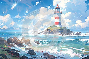 seascape lighthouse stands on a rock in the sea or ocean in sunny day, anime style illustration