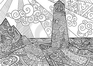 Seascape line art design for coloring book for adult, anti stress coloring