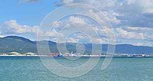 Seascape low, with white clouds, sky above the sea, background