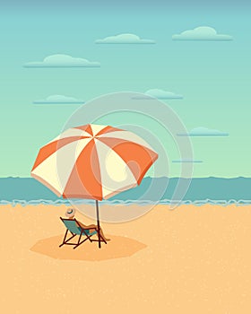 Seascape, a man in a beach chair under a beach umbrella on a sea beach. Clip art, print