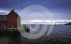 Seascape of Marina Exit Waterways with Rustic Red Boathouse