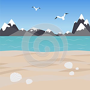 Seascape with mountain range and flying seagulls