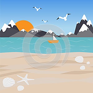 Seascape with mountain range and flying seagulls