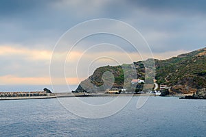 Seascape and mountains of Port-Vendres city at morning in France