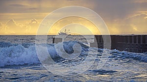 Seascape Sunrise Ocean Waves and Shrimp Boat on Horizon