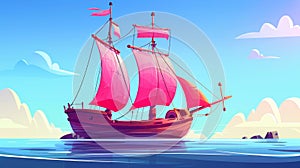 Seascape with an old wooden ship with red sails. Illustration of a sailboat with masts and ropes on blue water with