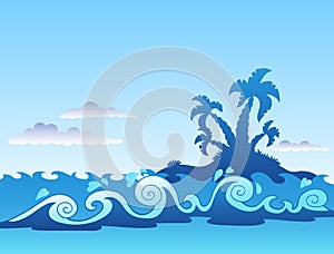 Seascape with palm island and waves