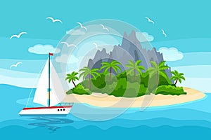 Seascape, paradise island with palm trees and mountains and a yacht in the sea. Illustration, background,