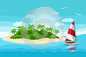 Seascape, paradise island with palm trees and a yacht on the sea. Illustration, background