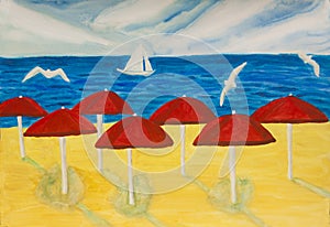 Seascape with red beach umbrellas