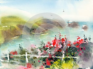 Seascape with Red Flowers Watercolor Nature Illustration Hand Painted