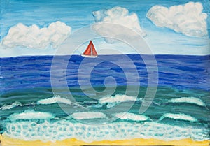 Seascape with red sail watercolor painting