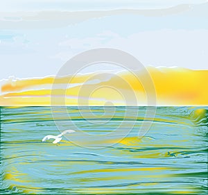 Seascape with ripples on surface of water, reflection of sun light,cloudy sky, flying seagull. Sunset or sunrise