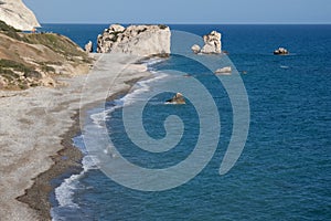 Seascape of the Rock of Aphrodite coast, at Paphos in Cyprus